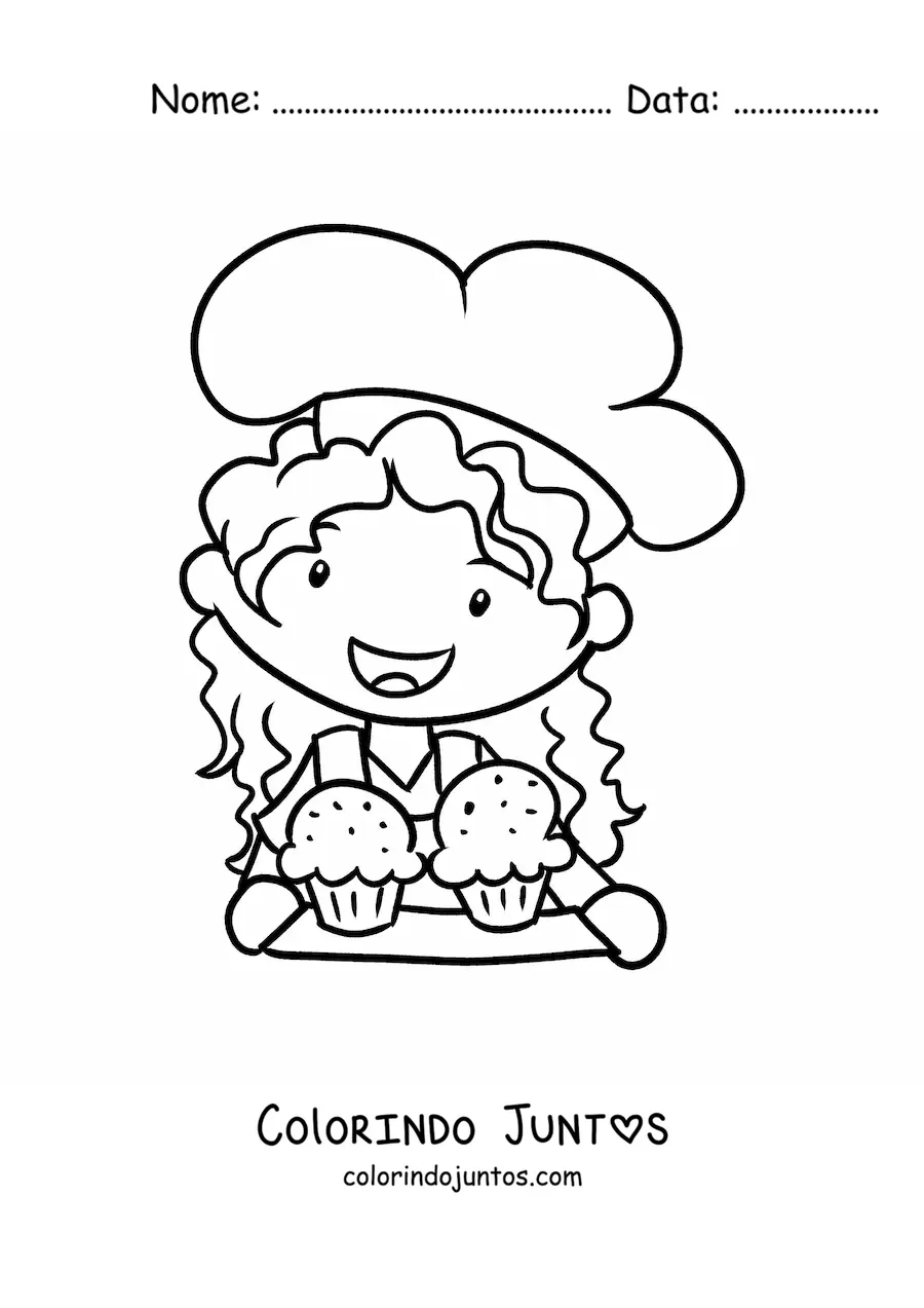 Desenho para colorir de menina cozinheira kawaii com bandeja de cupcakes