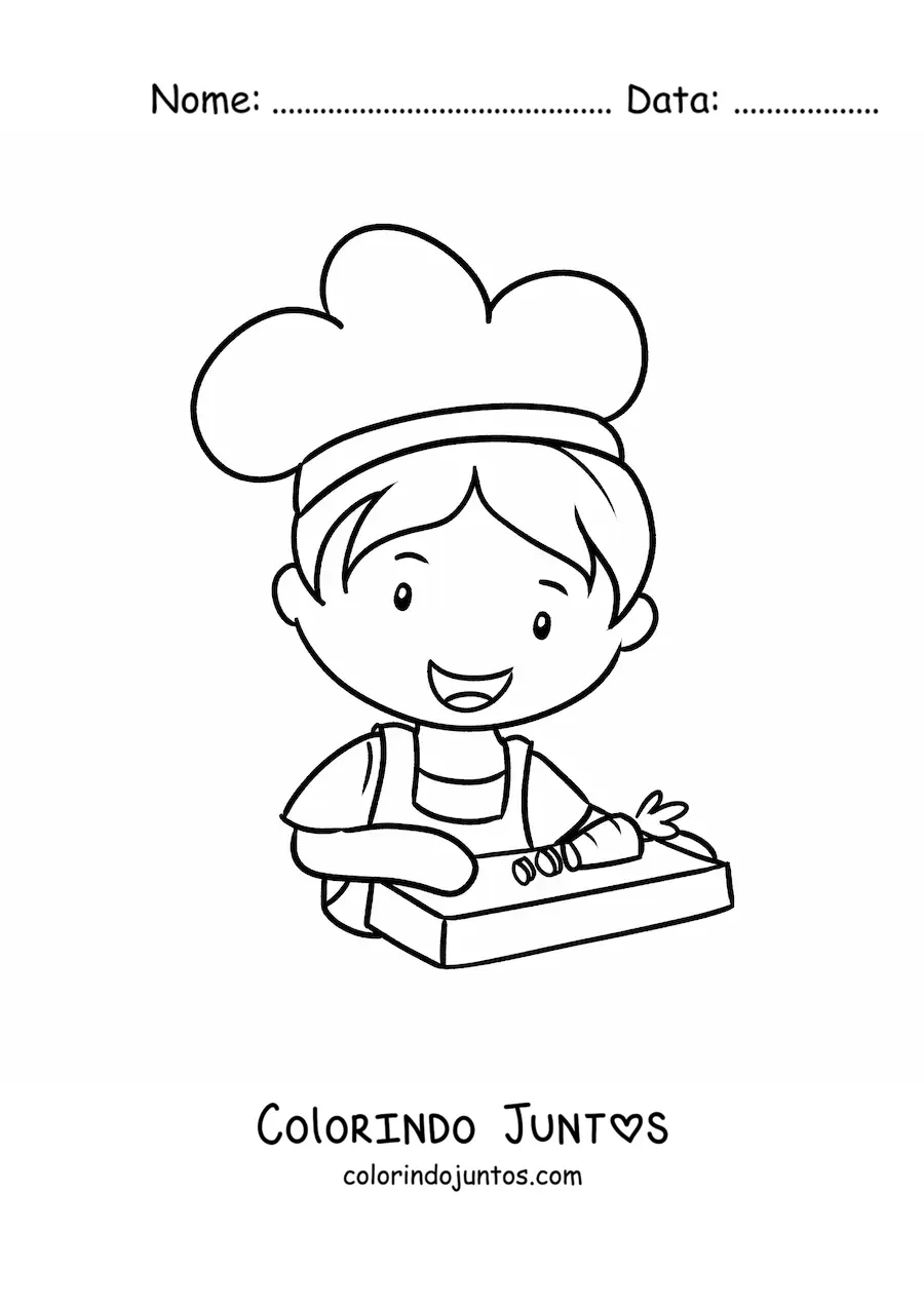 Desenho para colorir de menino cozinheiro kawaii cortando legumes