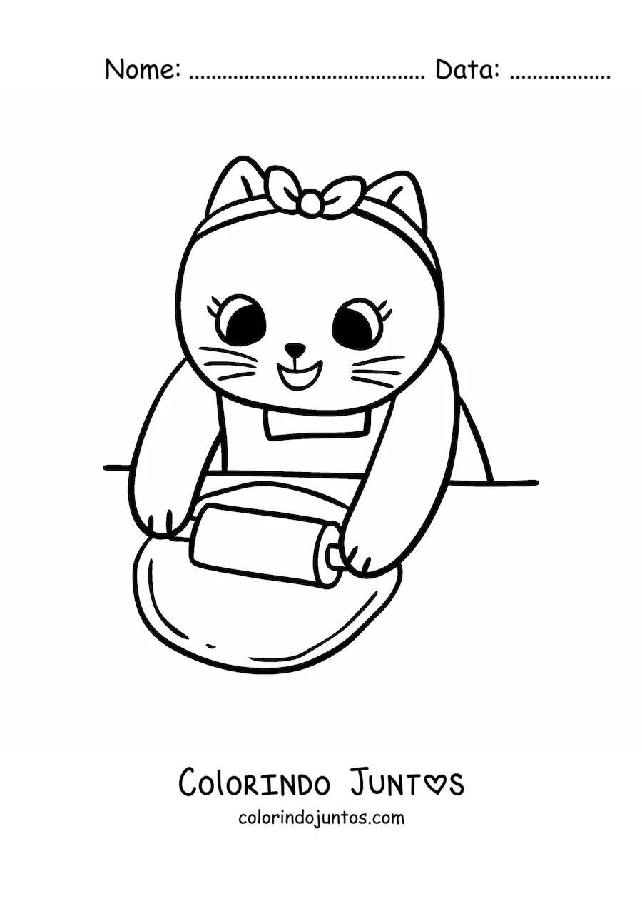 Desenho para colorir de gata cozinheira animada kawaii esticando massa com um rolo