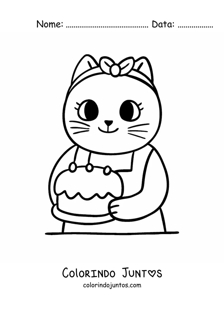 Desenho para colorir de gata cozinheira animada kawaii com um bolo