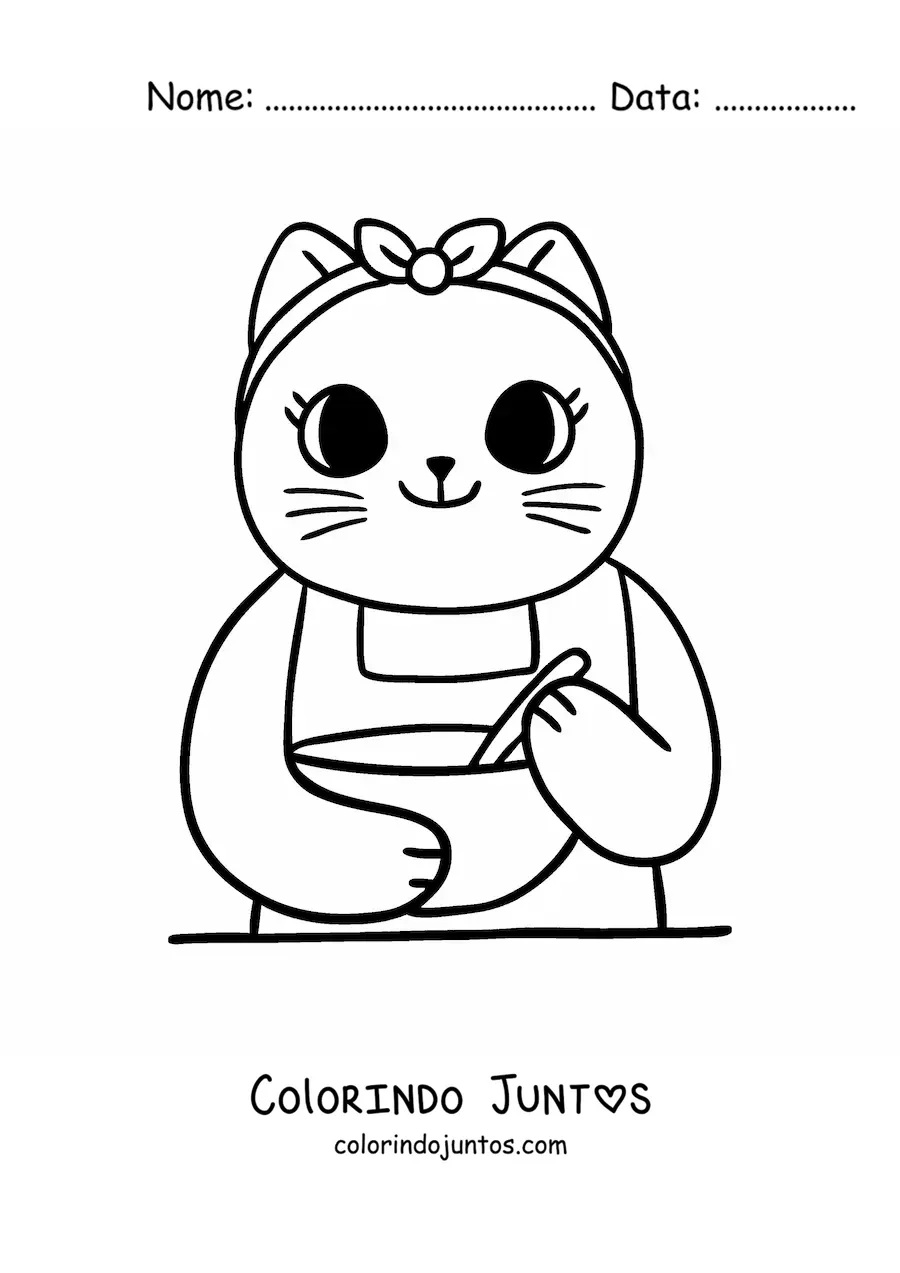 Desenho para colorir de gata cozinheira animada kawaii cozinhando
