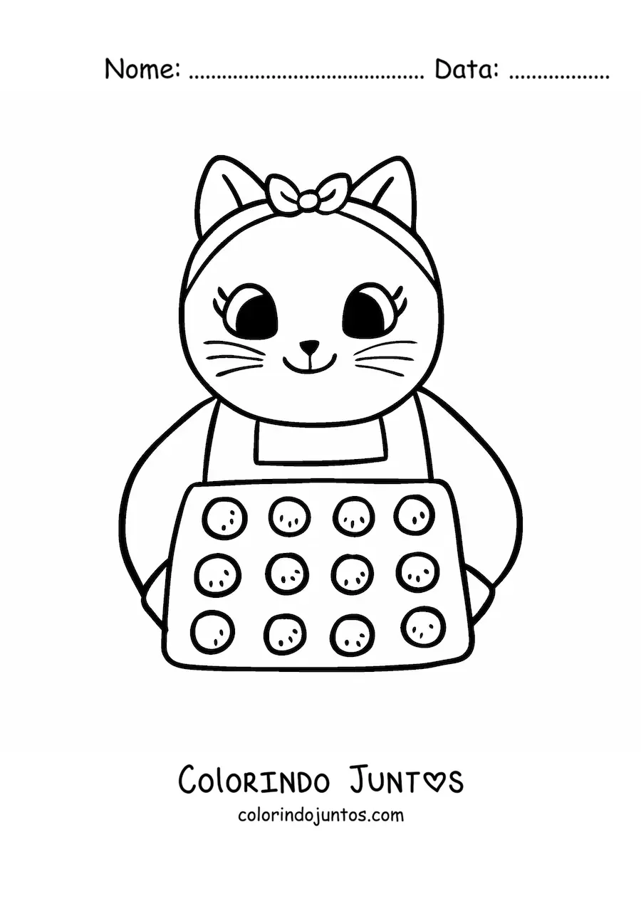 Desenho para colorir de gata cozinheira animada kawaii assando cupcakes