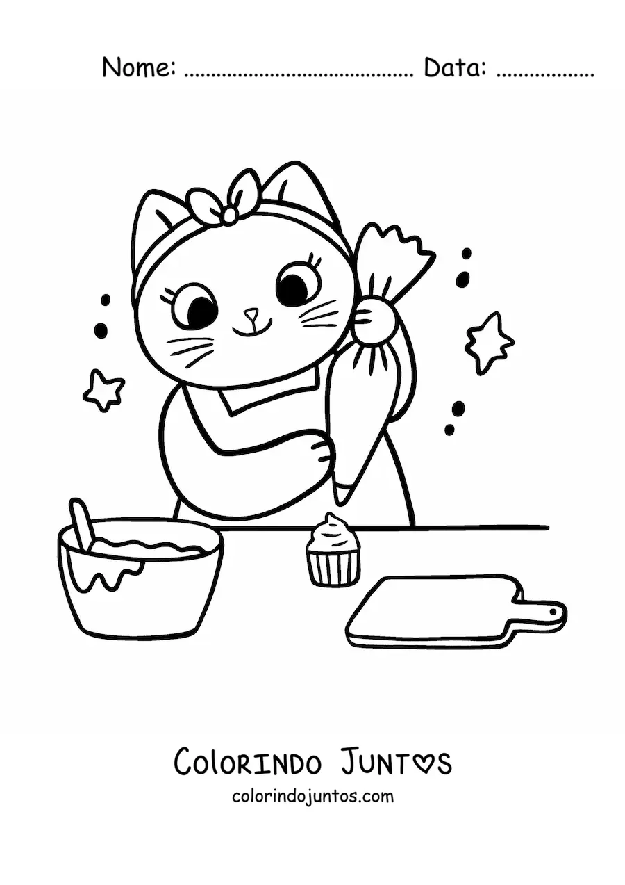 Desenho para colorir de gata cozinheira animada kawaii decorando cupcakes na cozinha