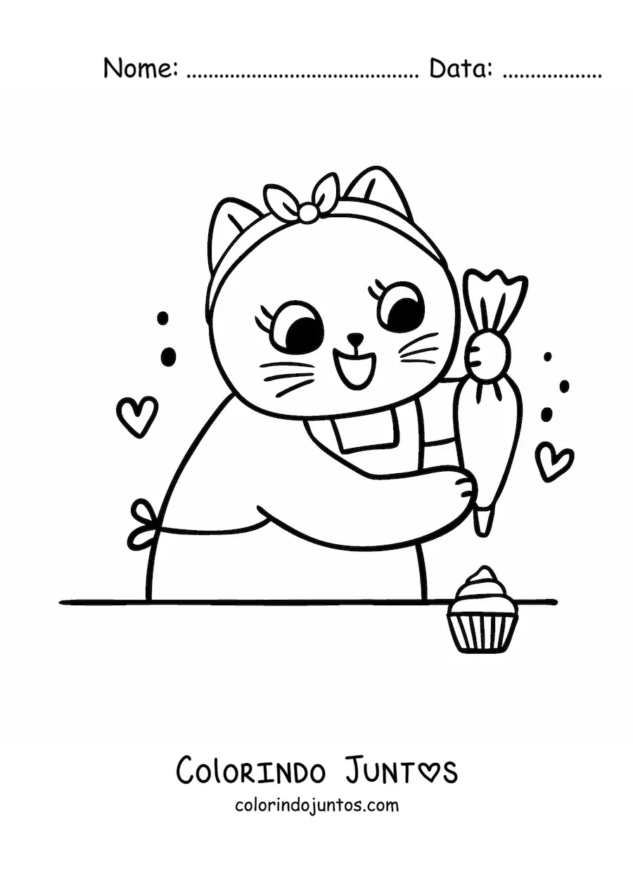Desenho para colorir de gata cozinheira kawaii decorando cupcakes