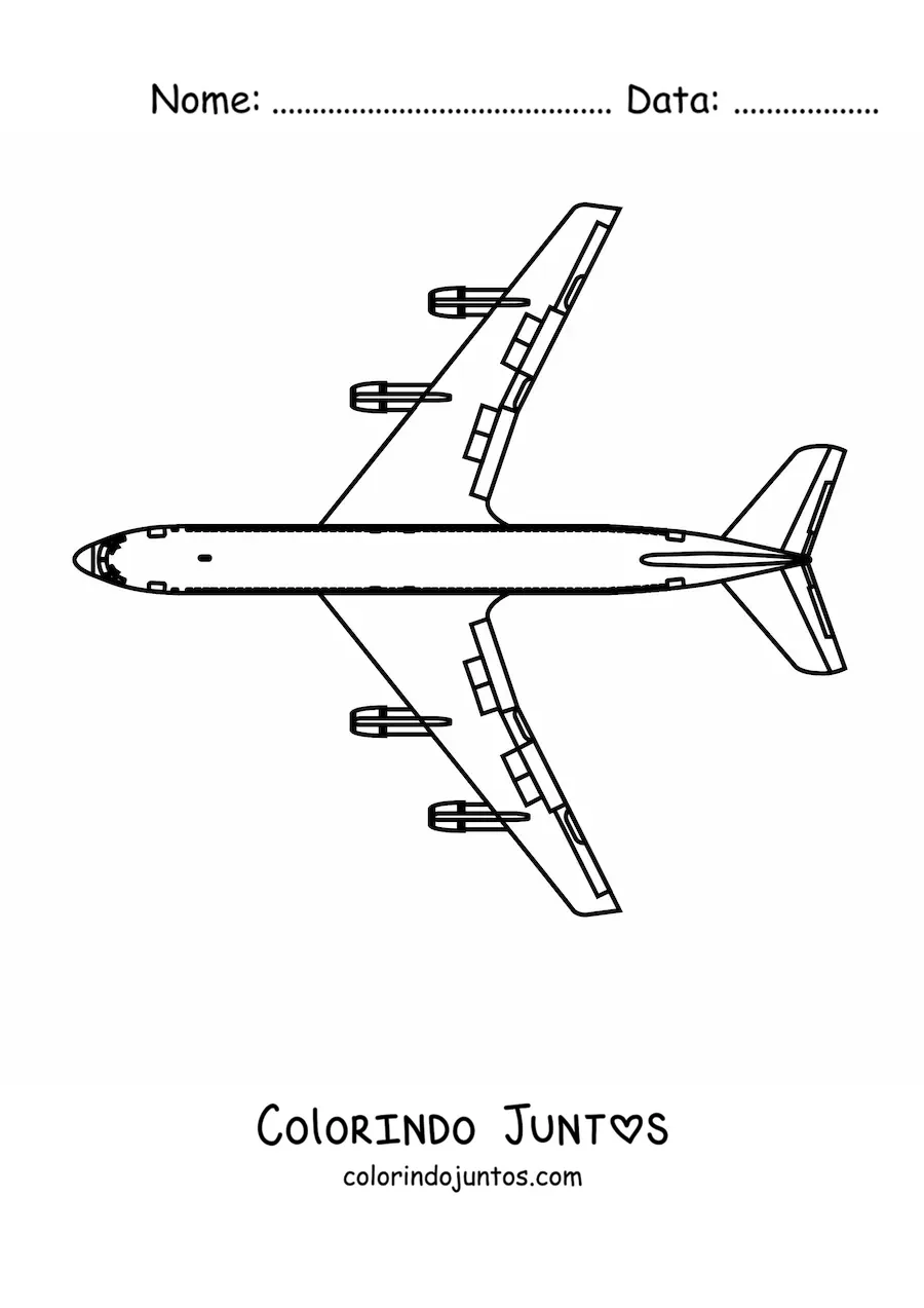 Desenho para colorir de um avião boeing 747 visto de cima