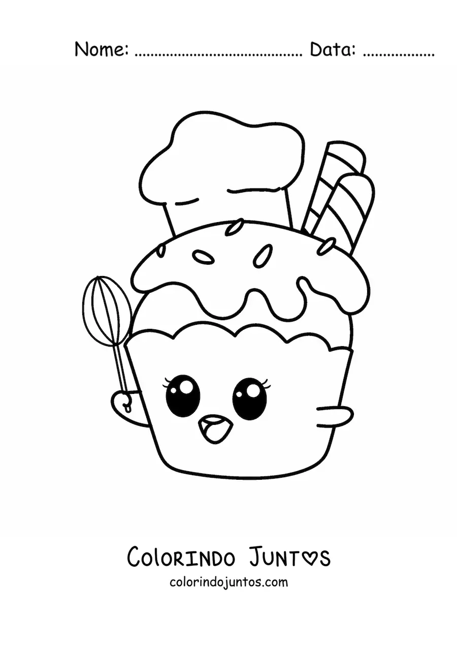 Desenho para colorir de chef cupcake kawaii animado com uma batedeira