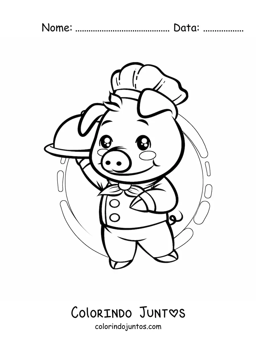 Desenho para colorir de chef porco kawaii animado com um prato em uma bandeja