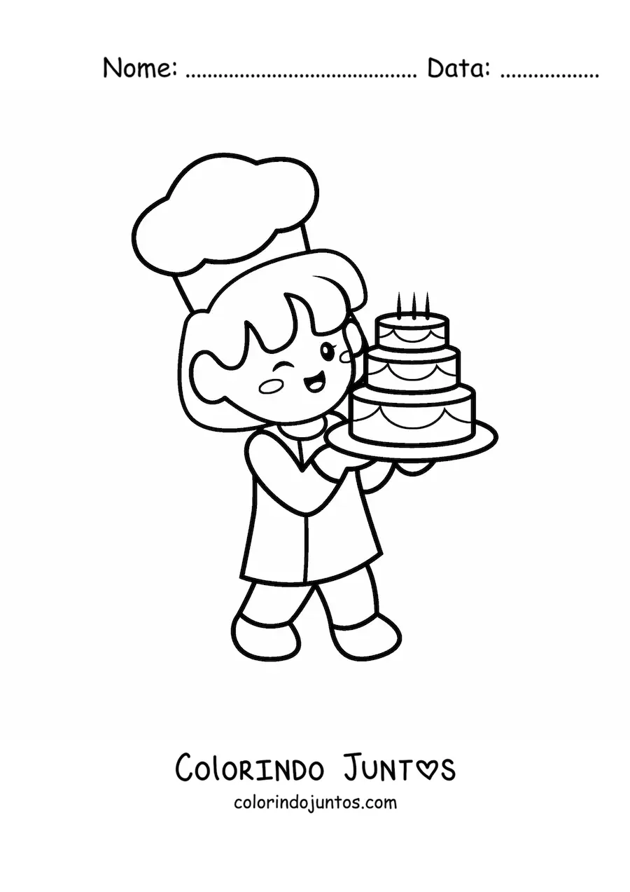 Desenho para colorir de chef confeiteira kawaii levando um bolo
