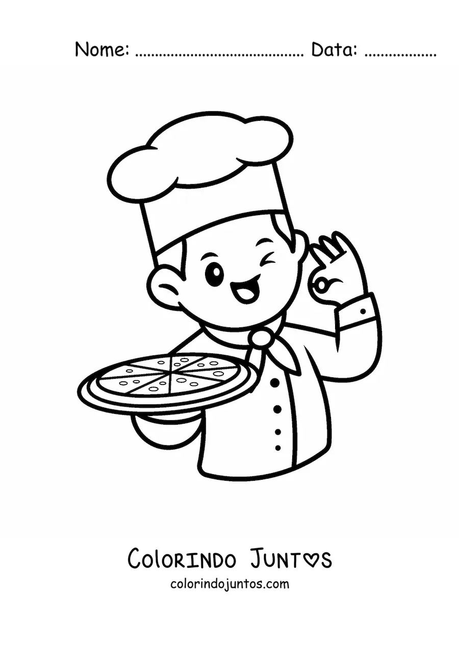 Desenho para colorir de chef pizzaiolo kawaii com uma pizza