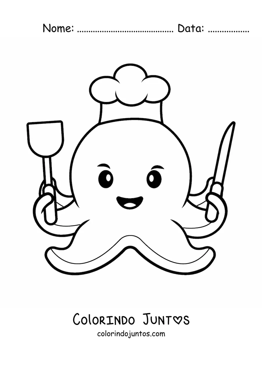 Desenho para colorir de chef polvo kawaii com utensílios de cozinha