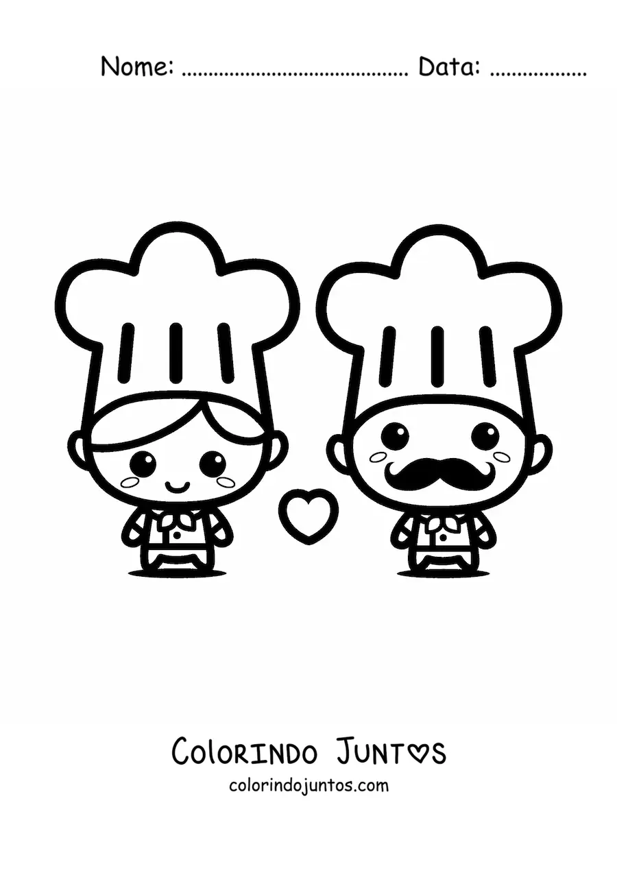 Desenho para colorir de casal de cozinheiros kawaii fofos