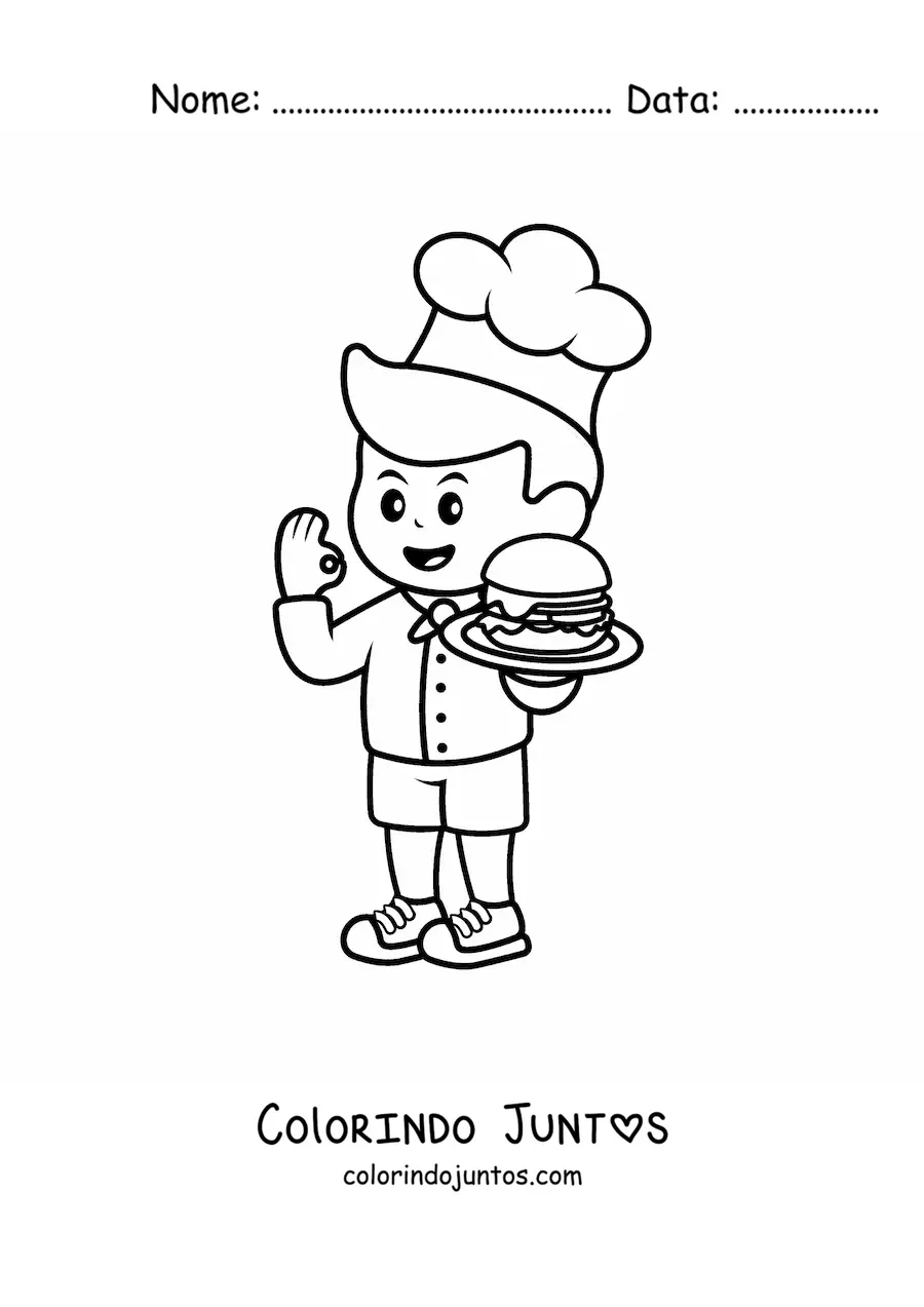 Desenho para colorir de cozinheiro kawaii com um hambúrguer