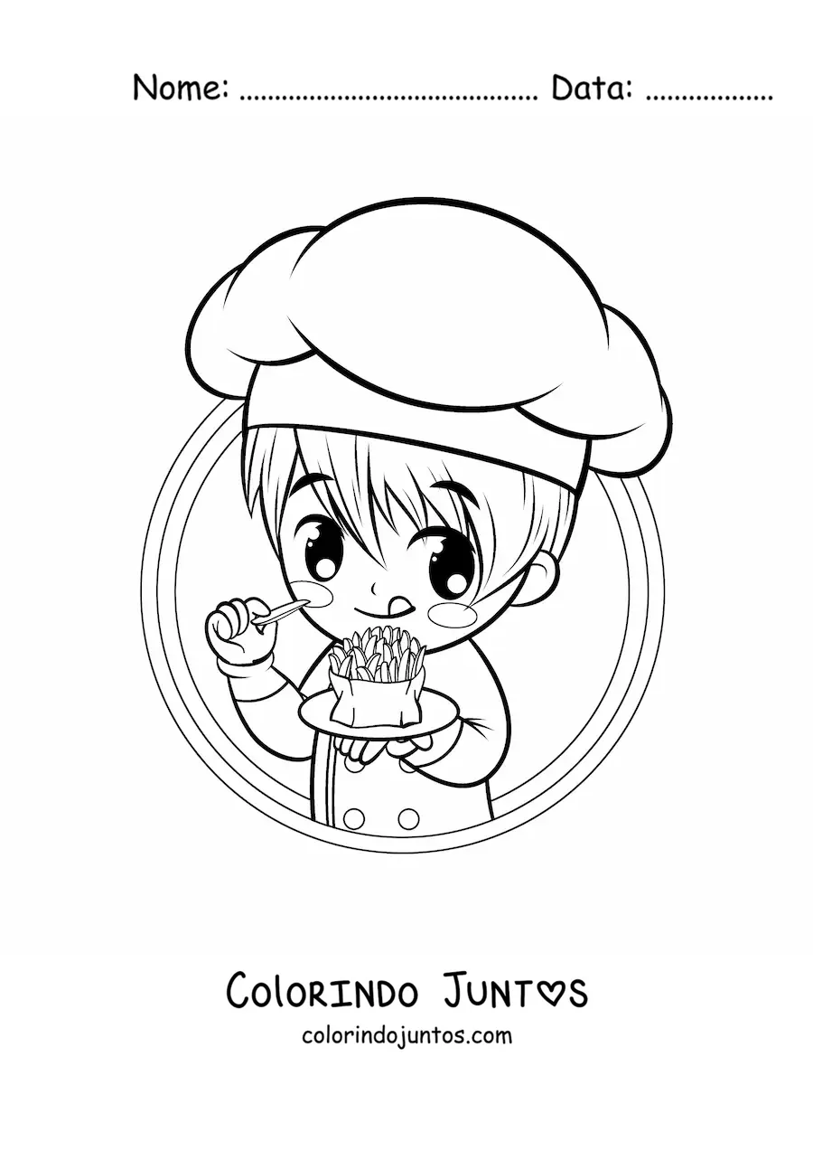 Desenho para colorir de menino cozinheiro kawaii comendo batatas fritas