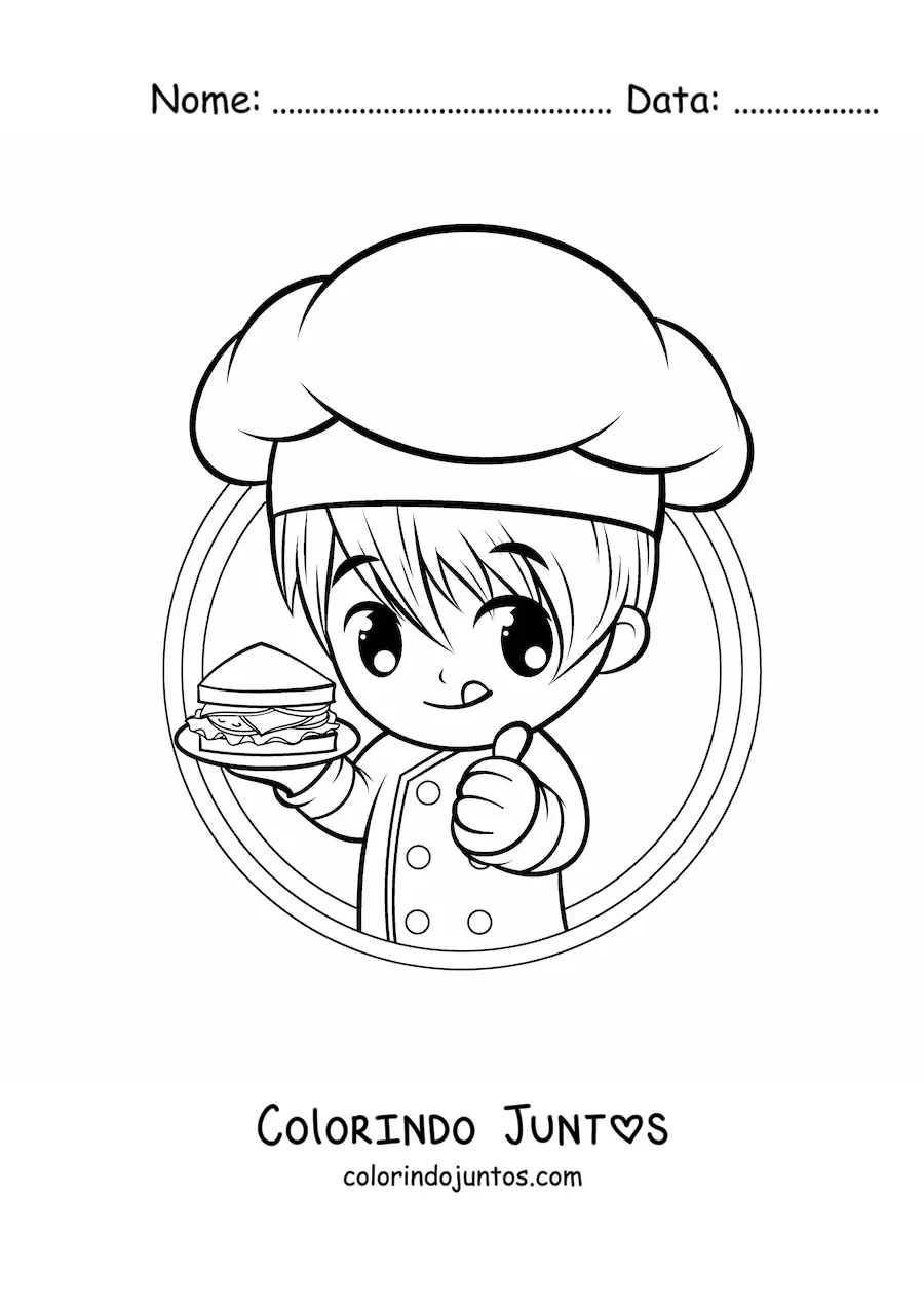 Desenho para colorir de menino cozinheiro kawaii com um sanduíche