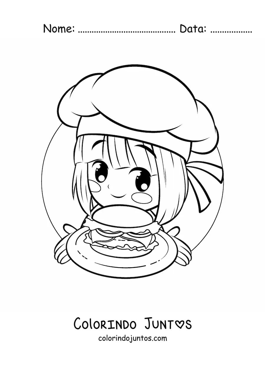 Desenho para colorir de menina cozinheira kawaii com um hambúrguer