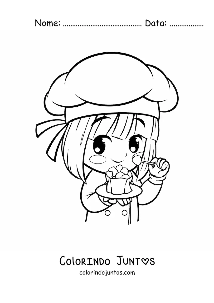 Desenho para colorir de menina cozinheira kawaii com um prato de comida