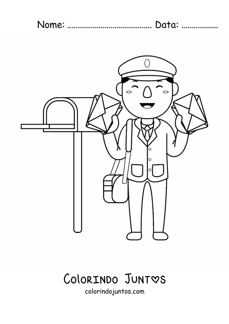 Desenho para colorir de carteiro kawaii com cartas ao lado da caixa de correio