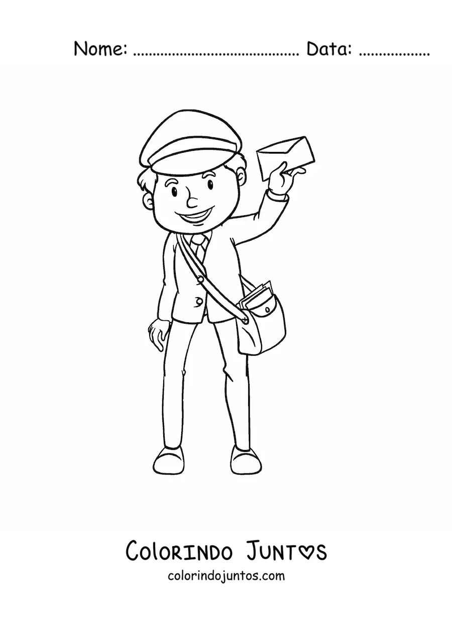 Desenho para colorir de carteiro animado com uma carta
