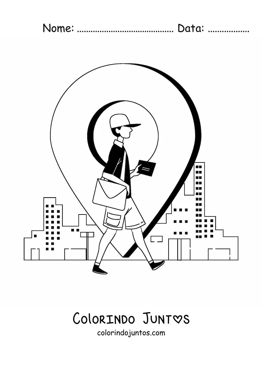 Desenho para colorir de carteiro caminhando na cidade