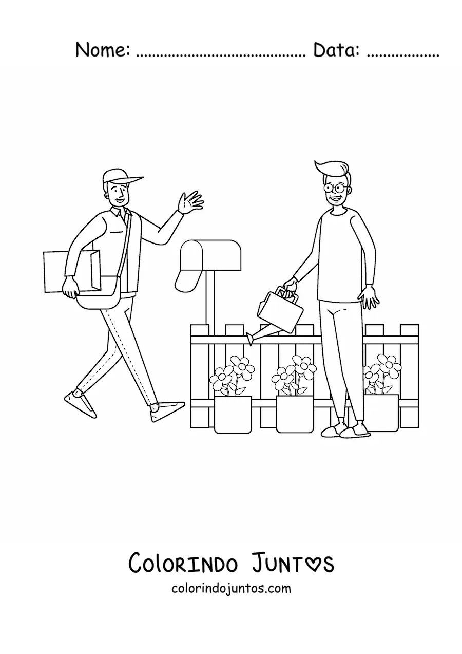 Desenho para colorir de carteiro entregando a correspondência na caixa de correio
