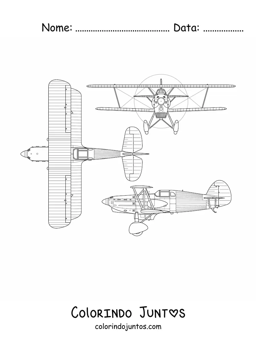 Desenho para colorir de um avião de combate tchecoslovaco avia b534 em diversos ângulos
