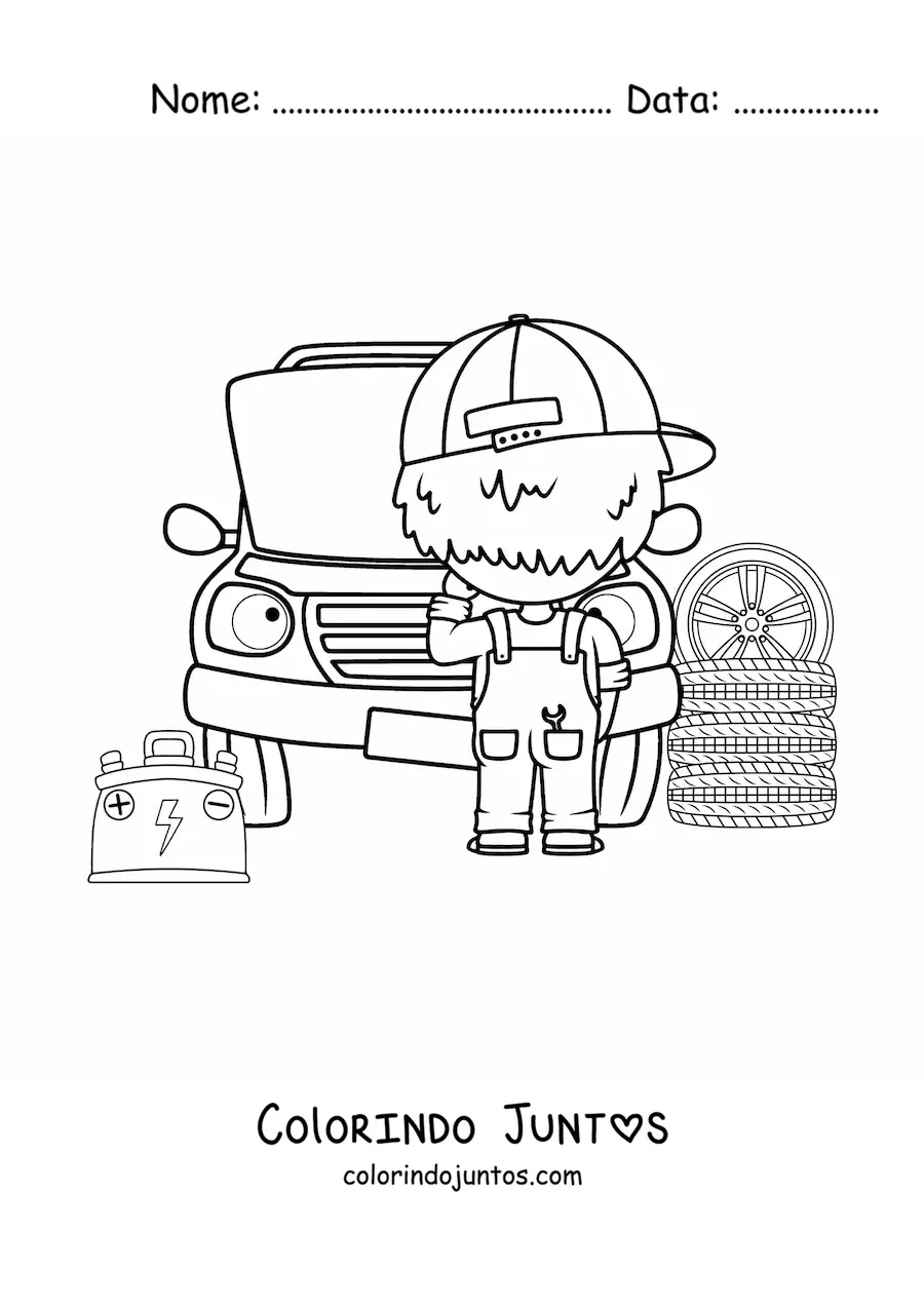Desenho para colorir de mecânico automotivo consertando um carro