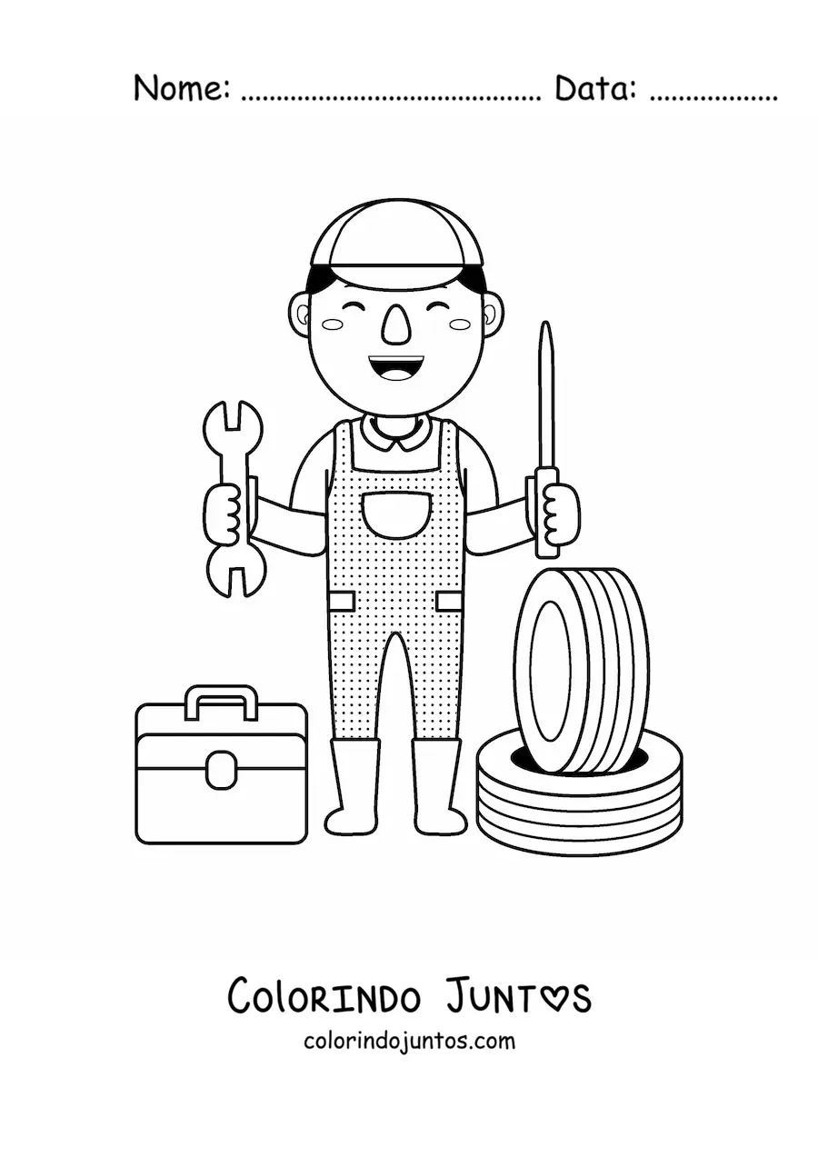 Desenho para colorir de mecânico automotivo com rodas e ferramentas