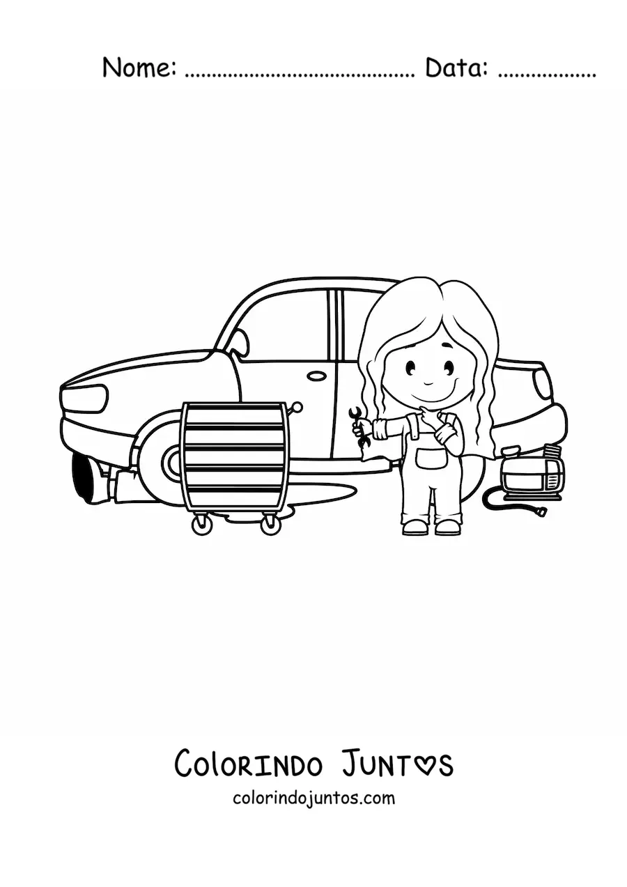 Desenho para colorir de menina mecânica animada consertando um carro