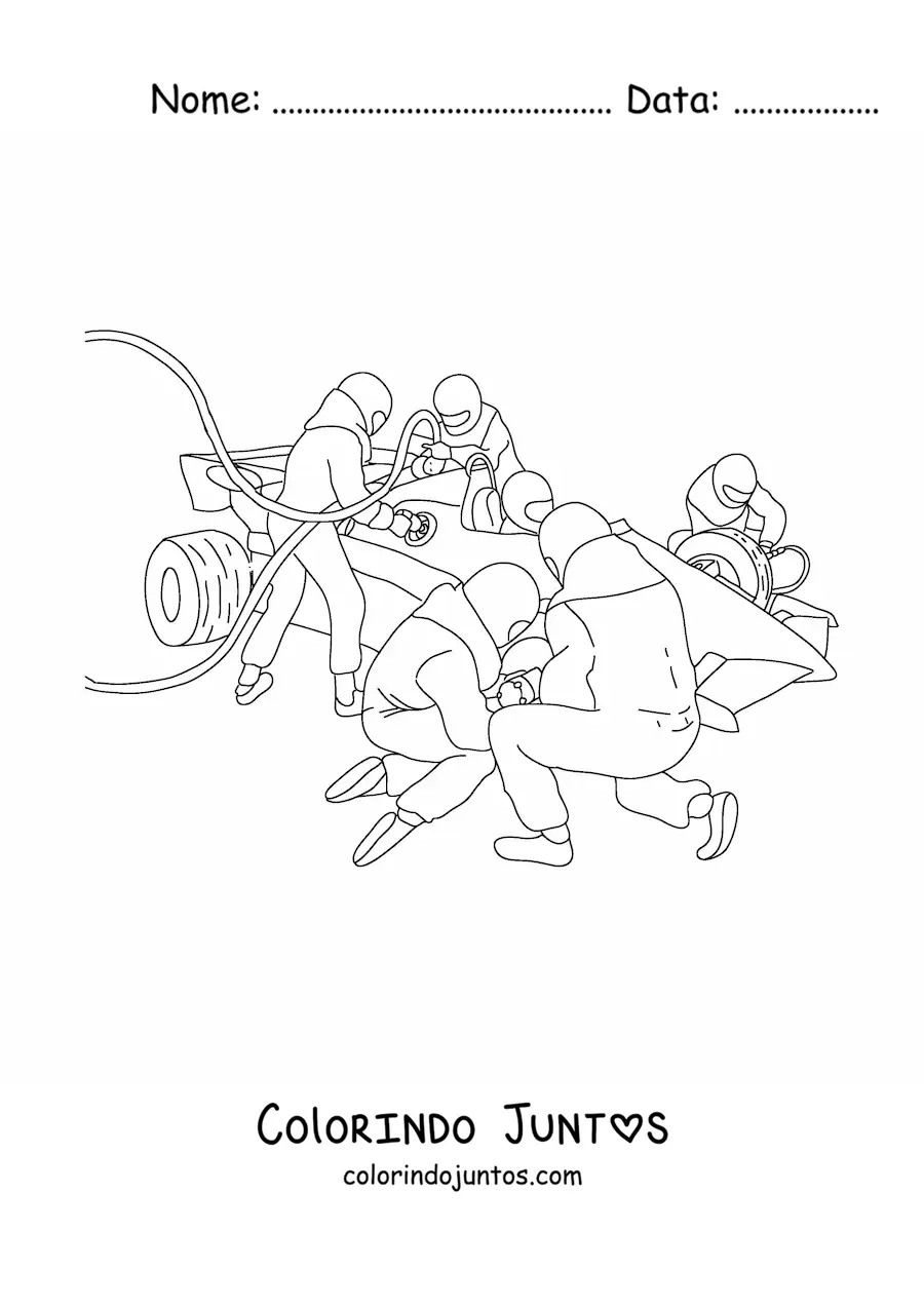 Desenho para colorir de mecânicos trabalhando nos boxes