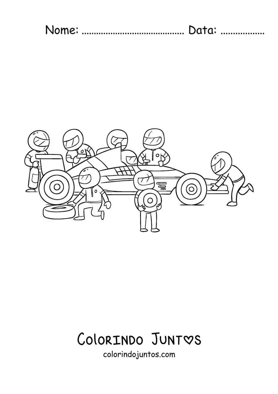 Desenho para colorir de mecânicos consertando um carro de fórmula um