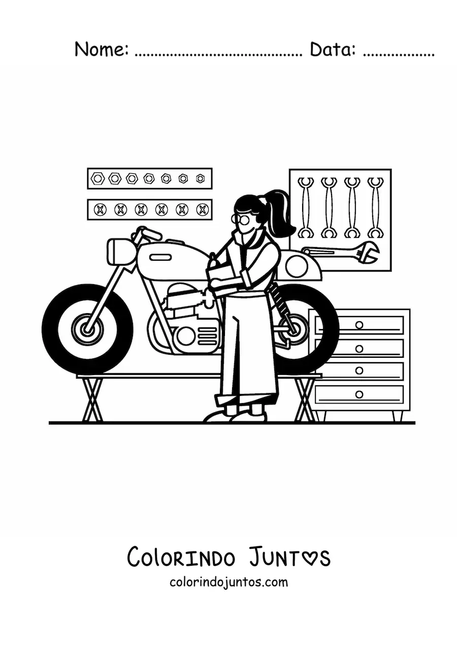 Desenho para colorir de mulher com a profissão de mecânica em sua oficina com uma moto