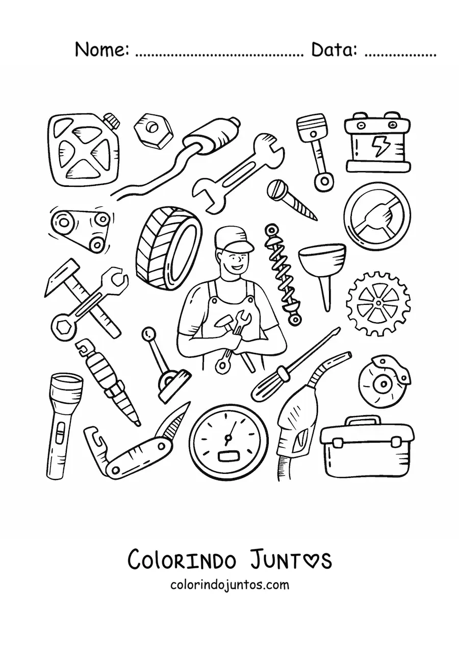 Desenho para colorir de homem com a profissão de mecânico e suas ferramentas