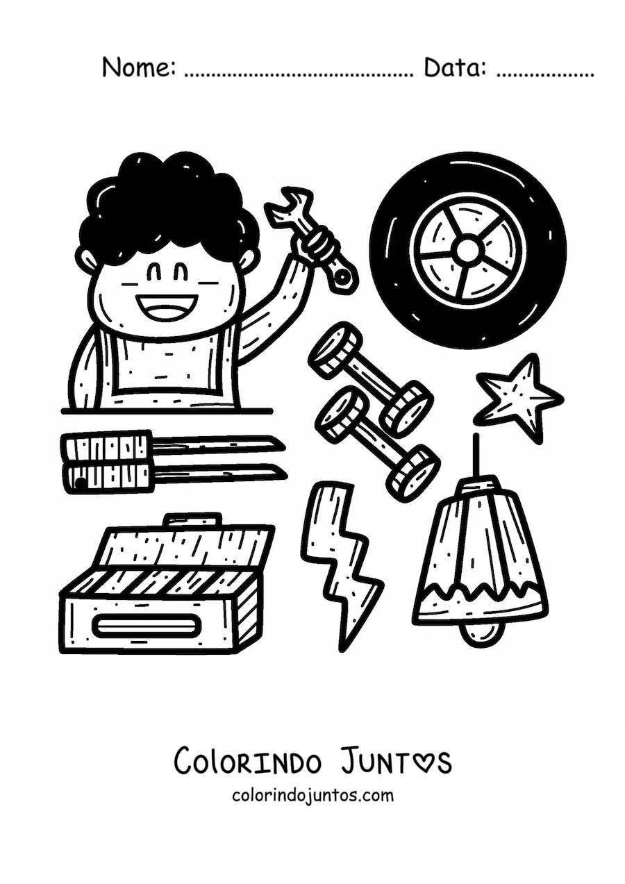 Desenho para colorir de mecânico automotivo animado com suas ferramentas