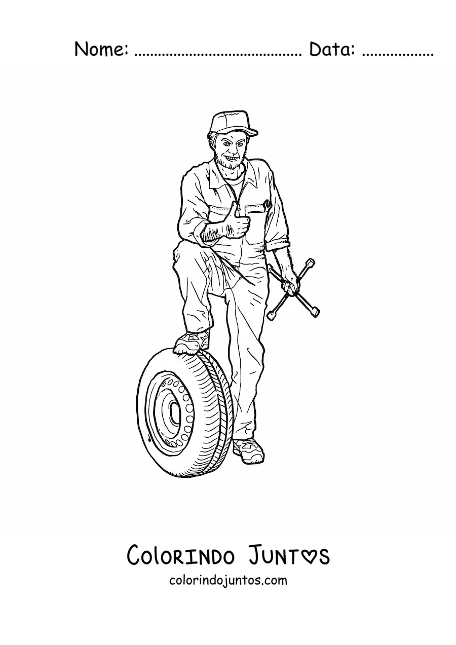 Desenho para colorir de mecânico automotivo realista com uma roda