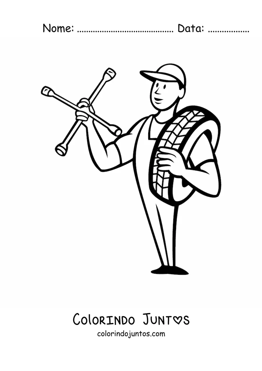 Desenho para colorir de mecânico automotivo animado com uma roda