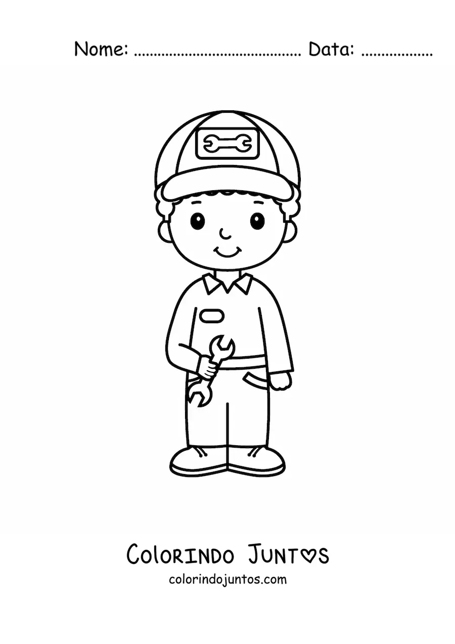 Desenho para colorir de menino com a profissão de mecânico automotivo kawaii