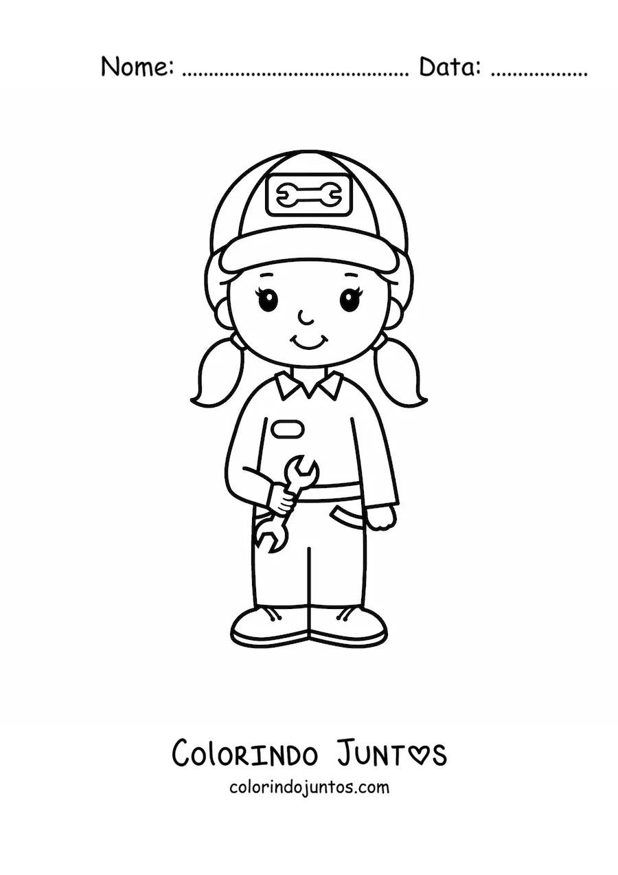 Desenho para colorir de menina com a profissão de mecânica automotiva kawaii