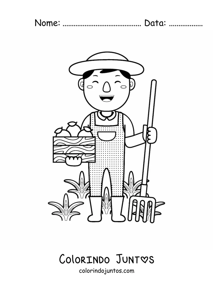 Desenho para colorir de camponês agricultor colhendo frutos