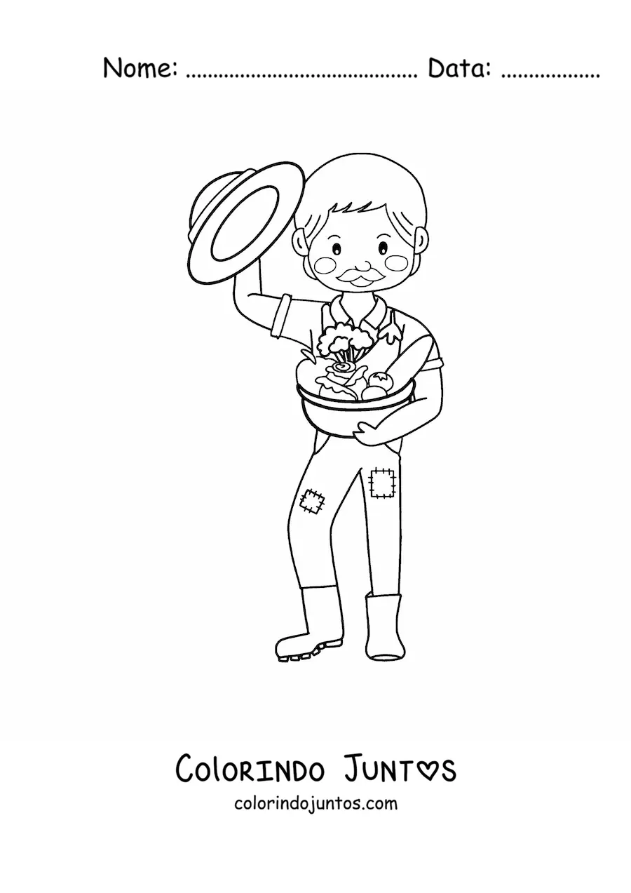 Desenho para colorir de agricultor kawaii com frutos colhidos