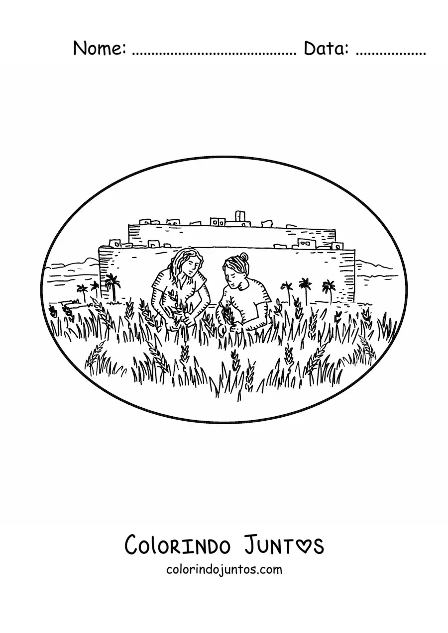 Desenho para colorir de mulheres colhendo frutos em uma fazenda