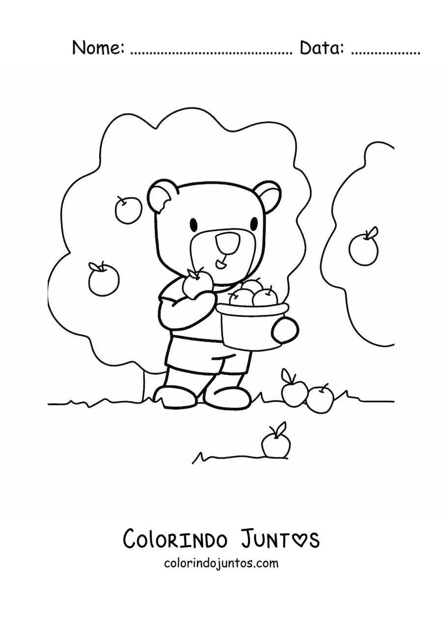 Desenho para colorir de urso animado colhendo maçãs em uma fazenda