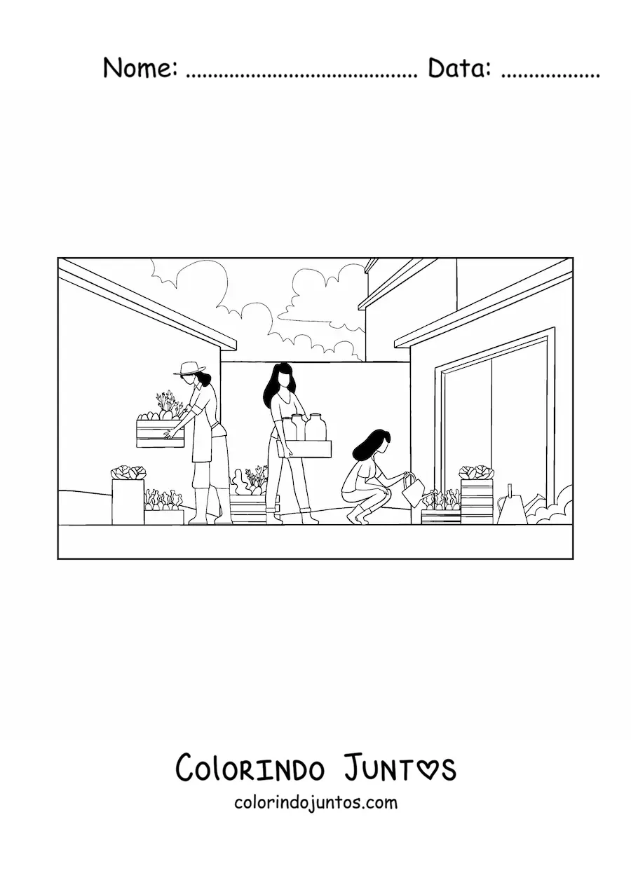 Desenho para colorir de mulheres realizando atividades agrícolas