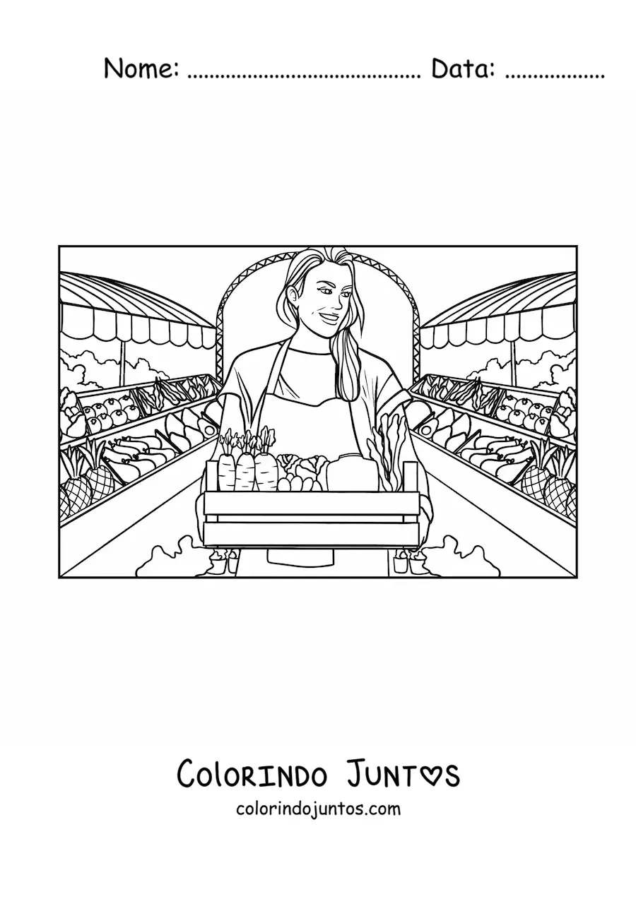 Desenho para colorir de menina levando os frutos de sua colheita ao mercado