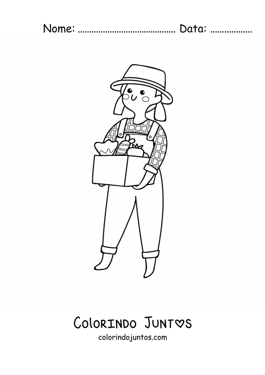 Desenho para colorir de agricultora kawaii com frutos colhidos