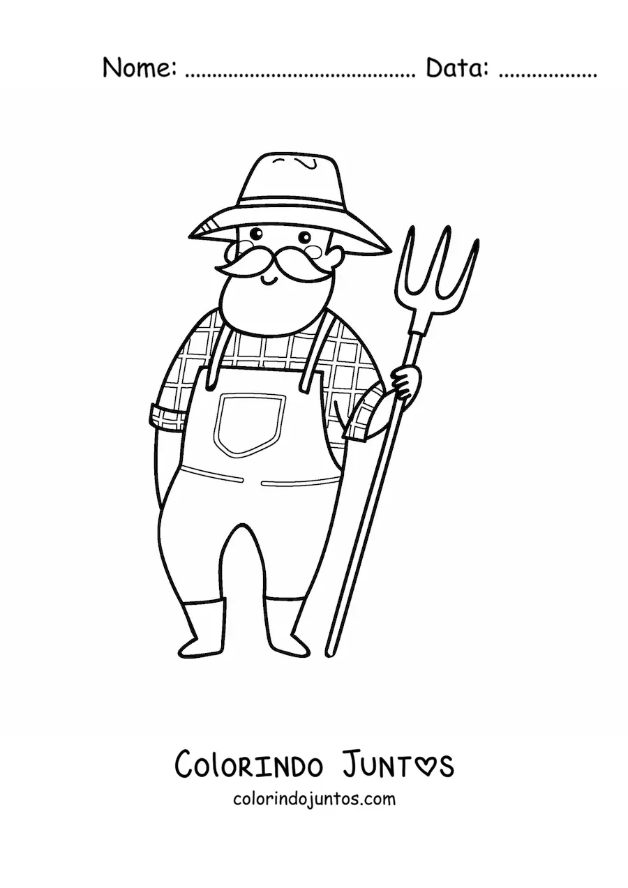 Desenho para colorir de fazendeiro camponês animado com um forcado