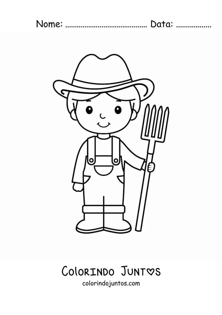 Desenho para colorir de menino agricultor kawaii animado com um forcado