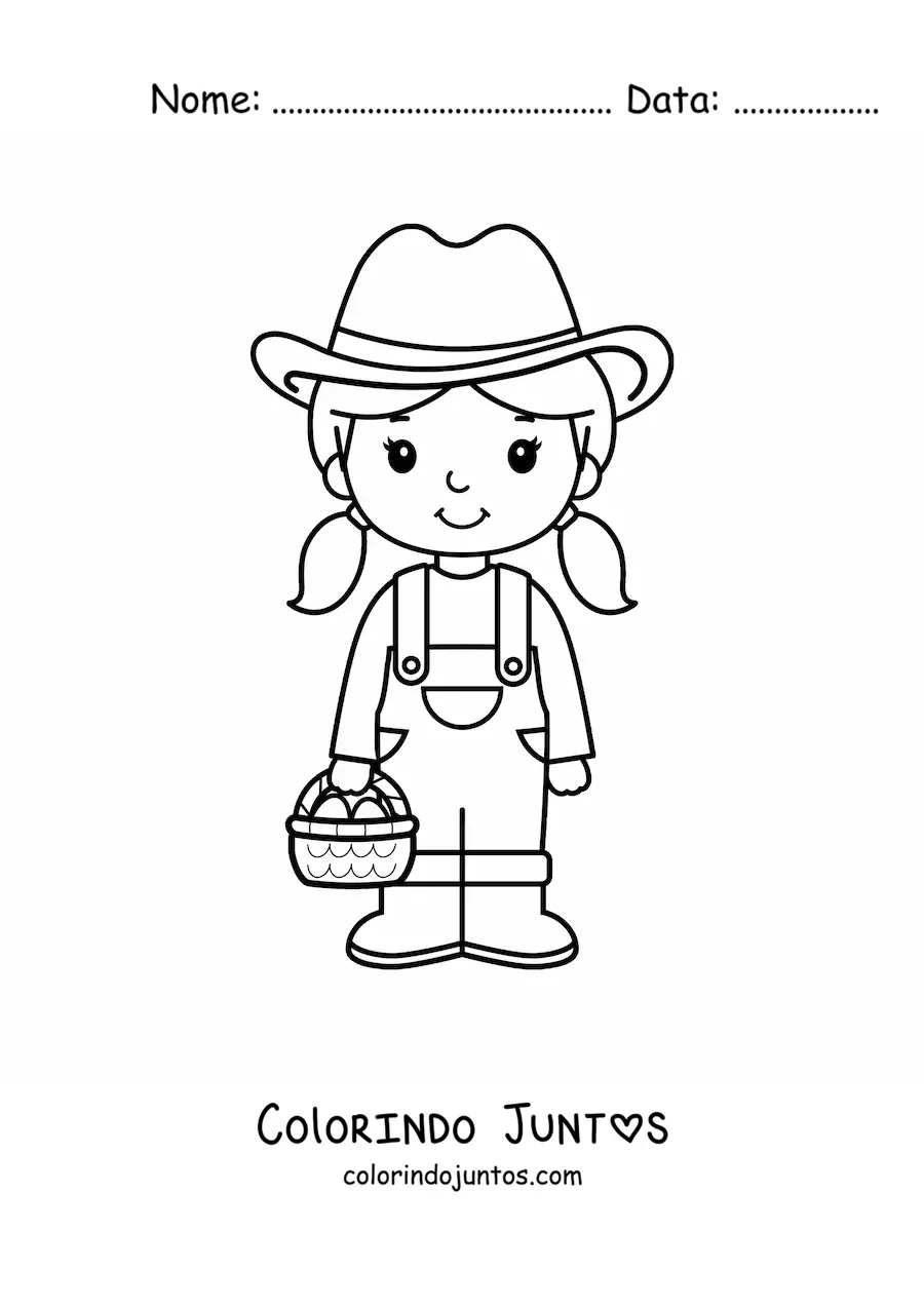 Desenho para colorir de menina agricultora kawaii animada com um forcado