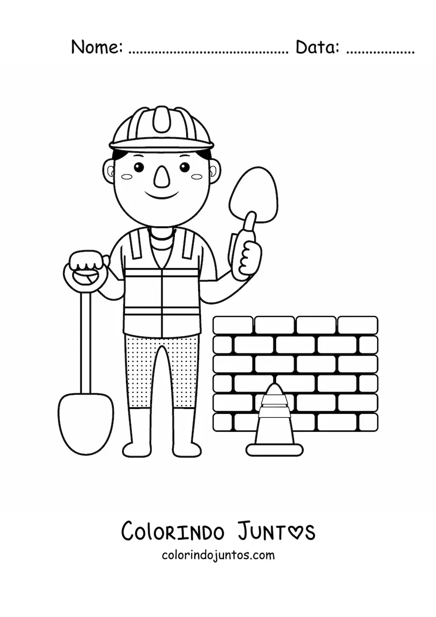Desenho para colorir de pedreiro trabalhando na construcao de uma parede