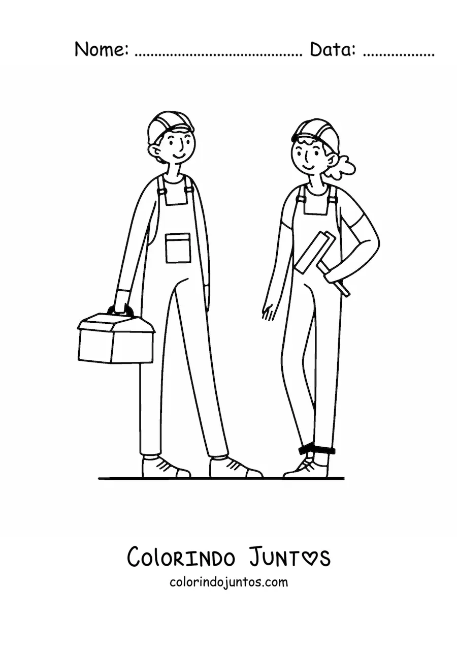 Desenho para colorir de homem e mulher com a profissao de pedreiro