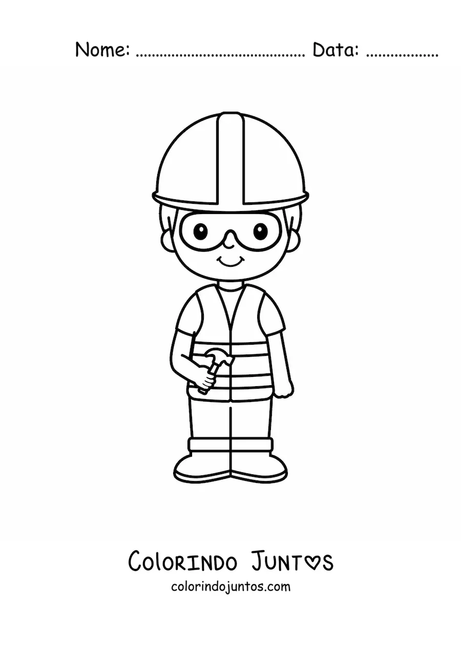Desenho para colorir de menino pedreiro kawaii com capacete e um martelo